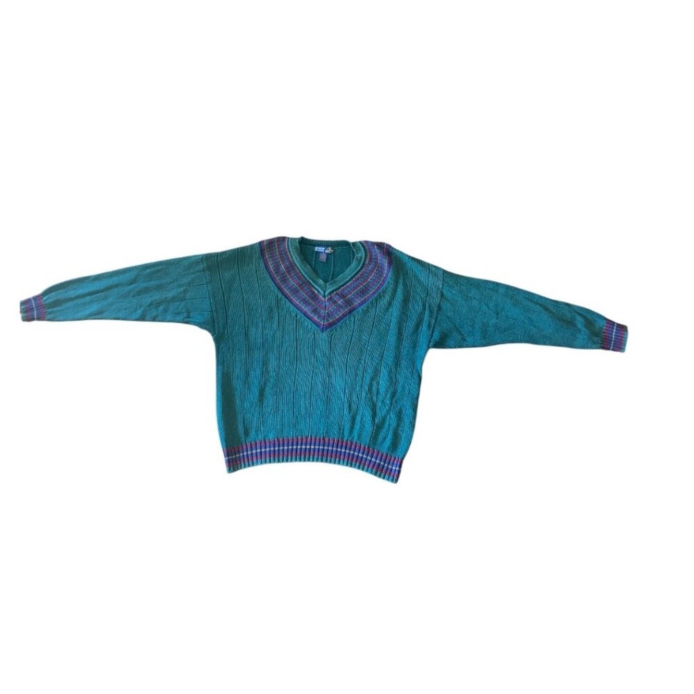 Vintage American Weekend Unisex Green V-Neck Cotton Knit Sweater XL